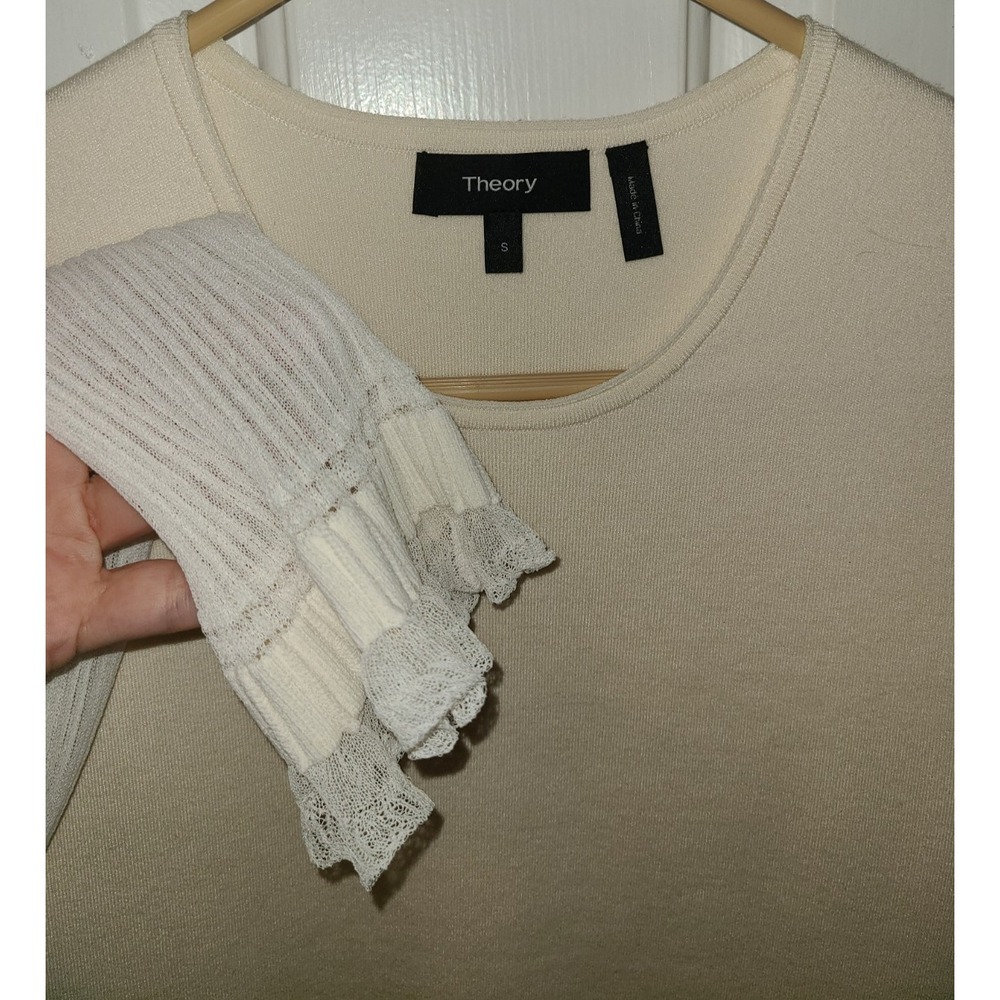 Theory Tunic Sweater Cream Long Shear Ruffle Cuff Sleeve Knit Pullover Size S - Picture 2 of 9